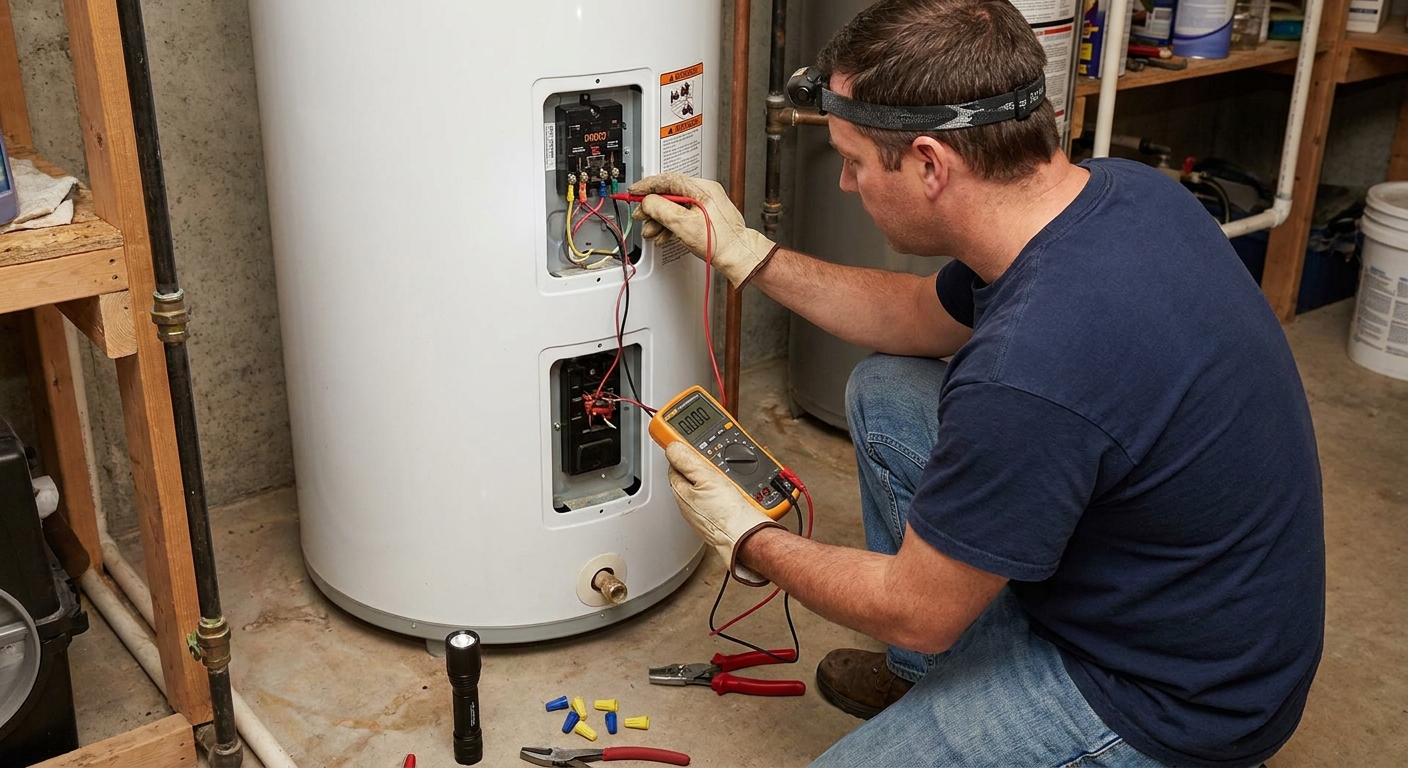 A homeowner using a multimeter to verify zero voltage on the incoming wires at the upper thermostat of an electric water heater