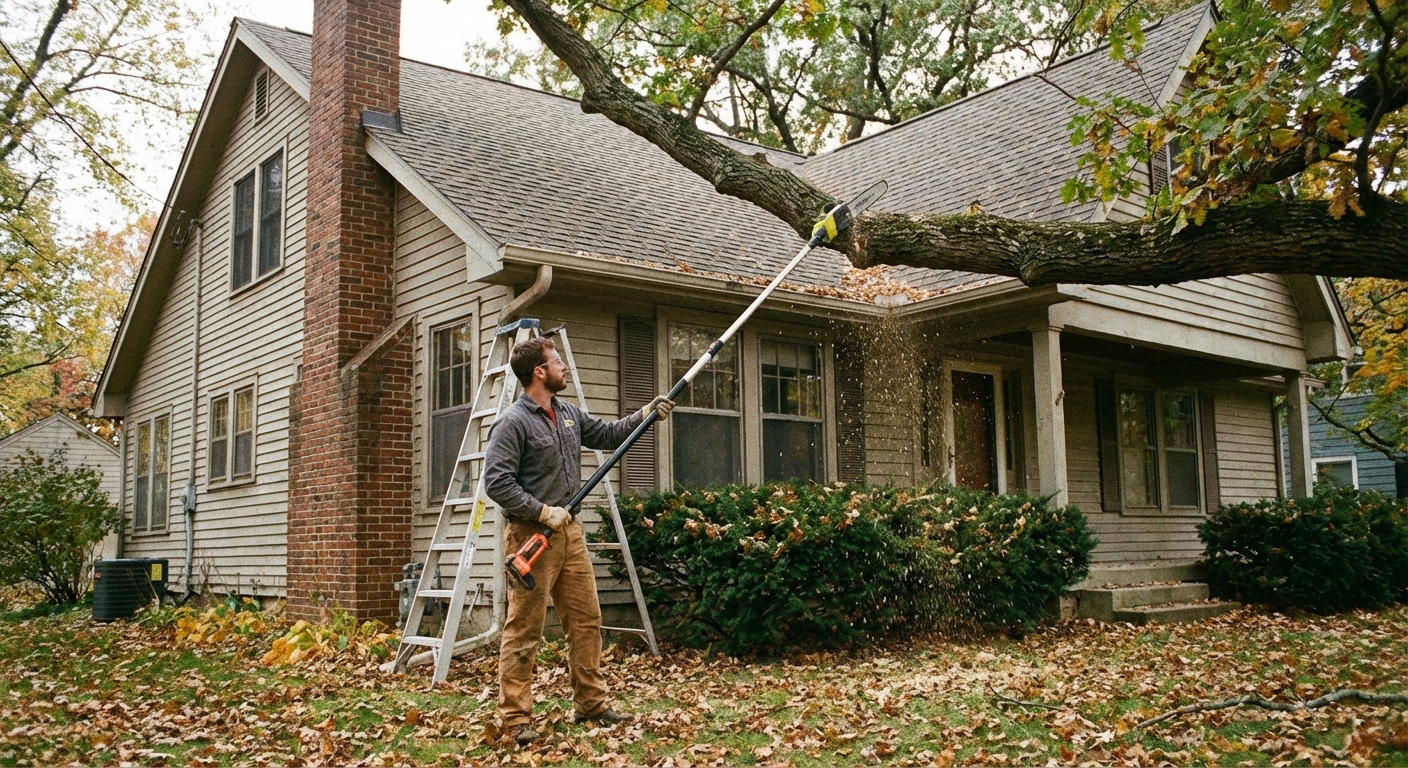 A homeowner using a pole saw to trim a tree branch that hangs close to a house roofline, photographed in natural daylight