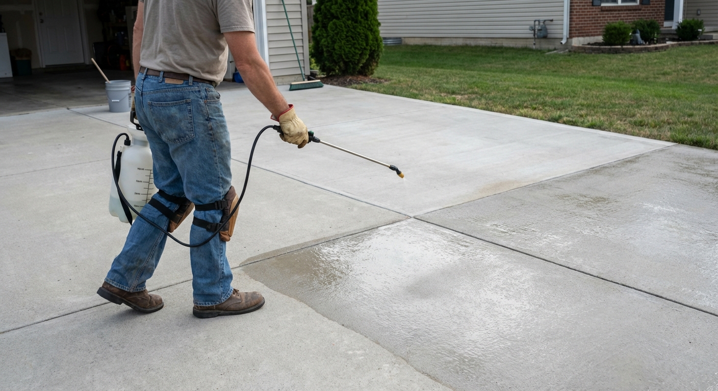 A homeowner using a pump sprayer to apply concrete sealer evenly across a clean driveway