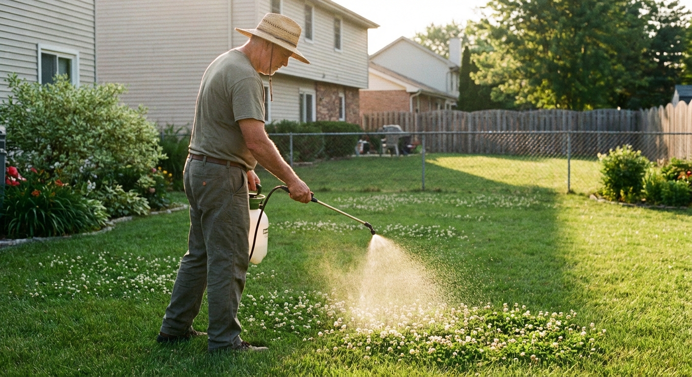 A homeowner using a pump sprayer to spot treat clover patches in a green lawn, with the spray wand angled down and droplets visible in sunlight