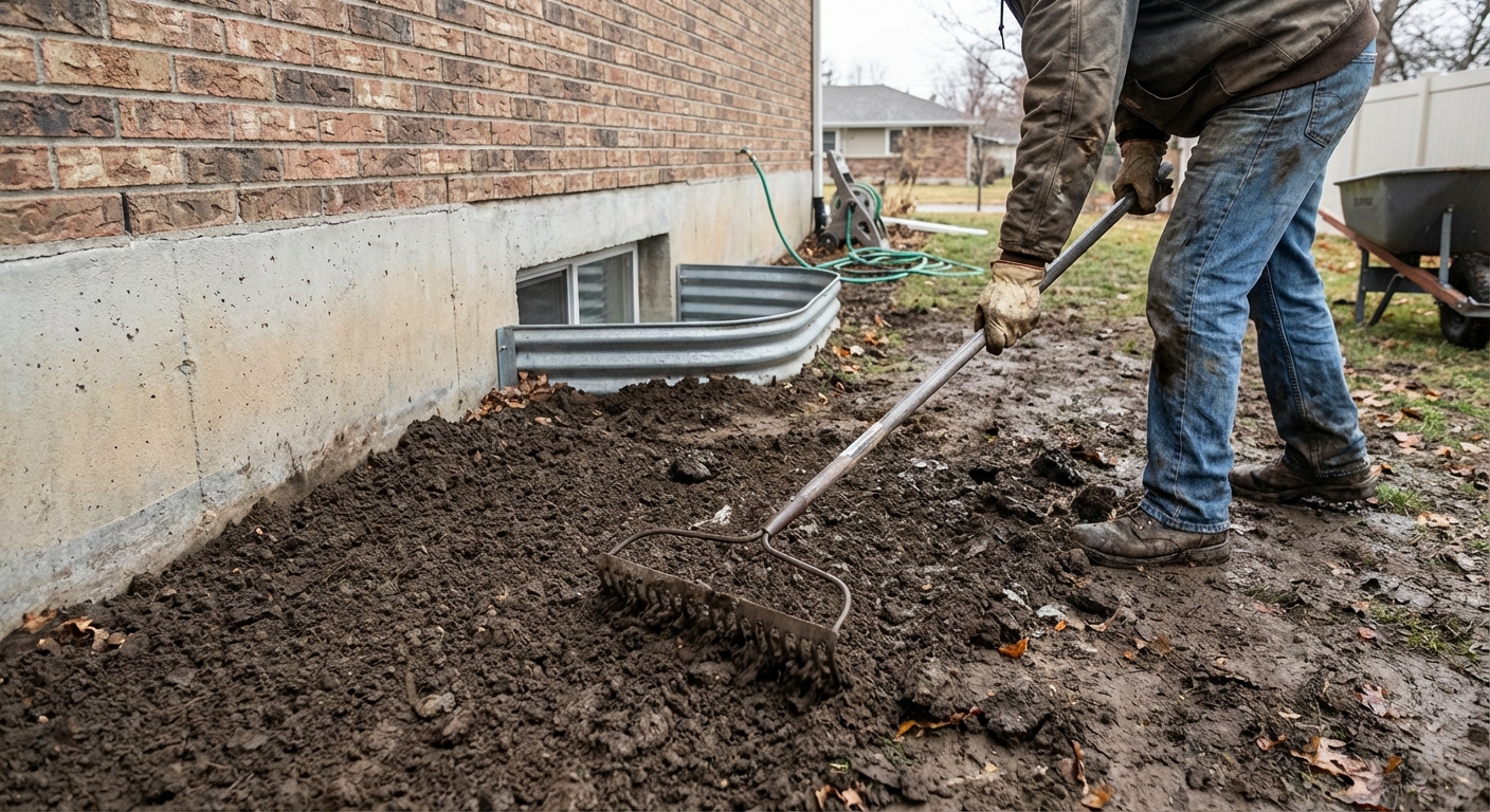 A homeowner using a rake to shape damp soil so it slopes away from a house foundation next to a window well, real photo