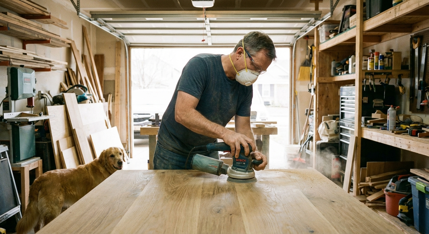 A homeowner using a random orbital sander on a wooden tabletop in a garage workshop