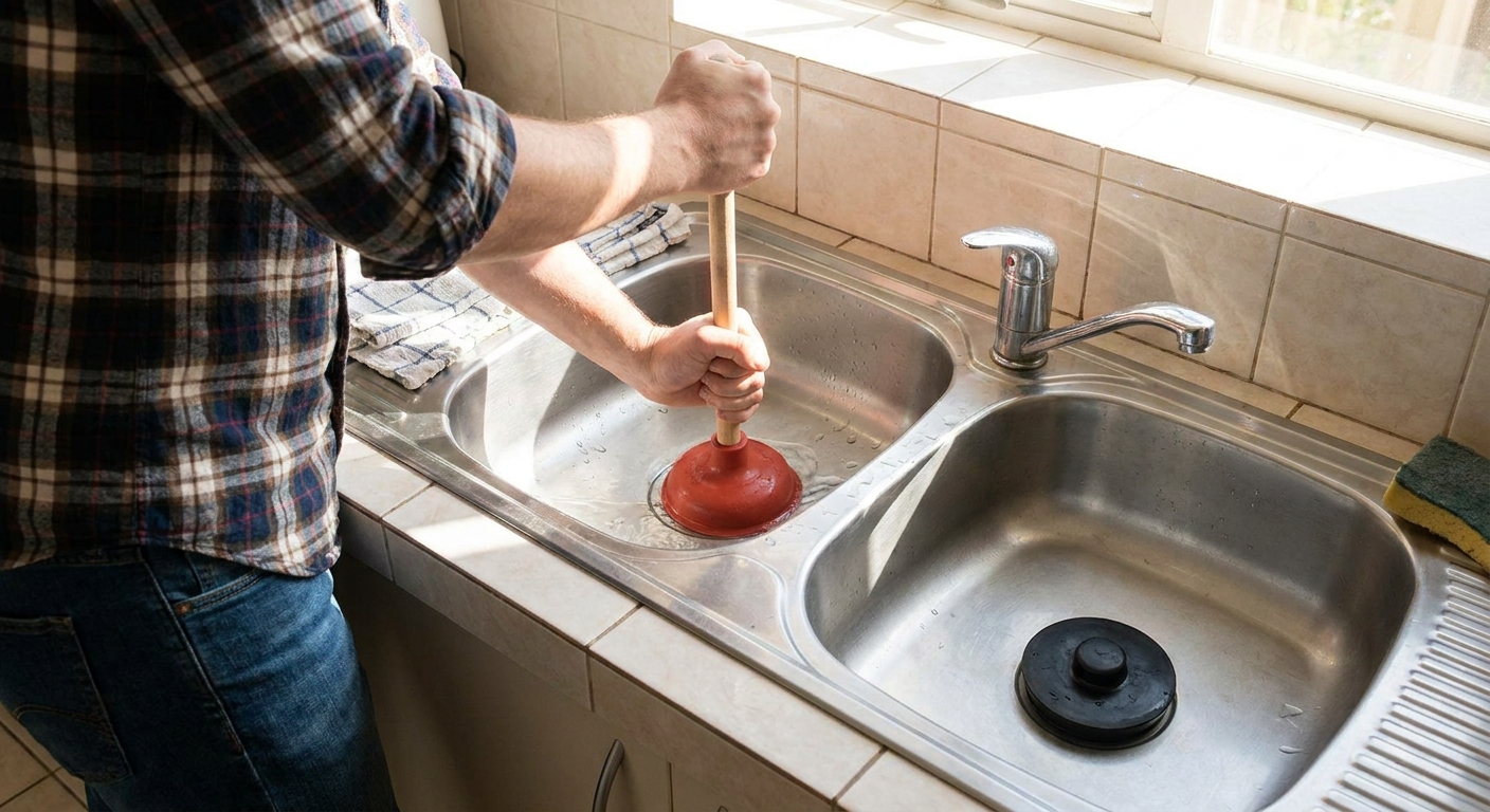 A homeowner using a rubber cup plunger on one side of a double kitchen sink while the other drain is sealed with a black rubber stopper, indoor home photo