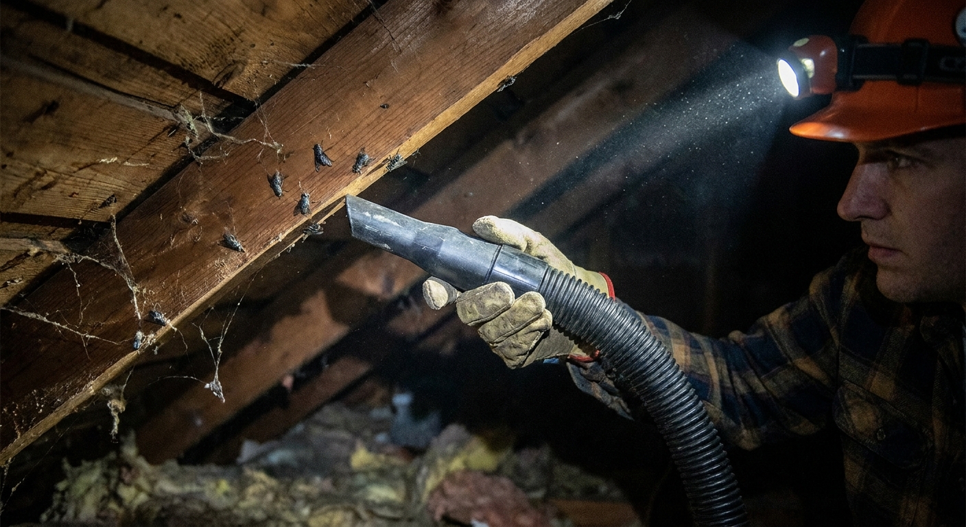 A homeowner using a shop vacuum hose to remove slow-moving flies from attic rafters while wearing gloves and a headlamp