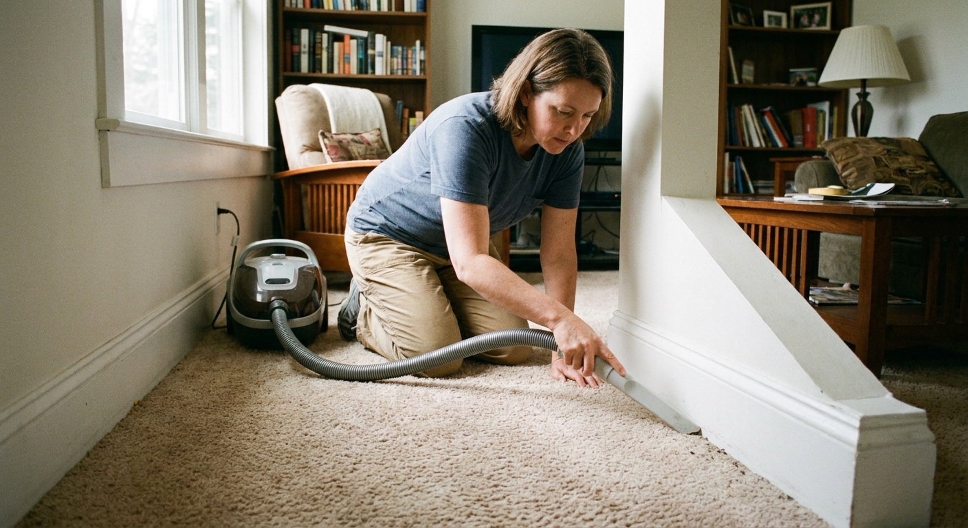 A homeowner using a vacuum crevice tool to clean along the baseboard edge where wall-to-wall carpet meets the wall, indoor photo