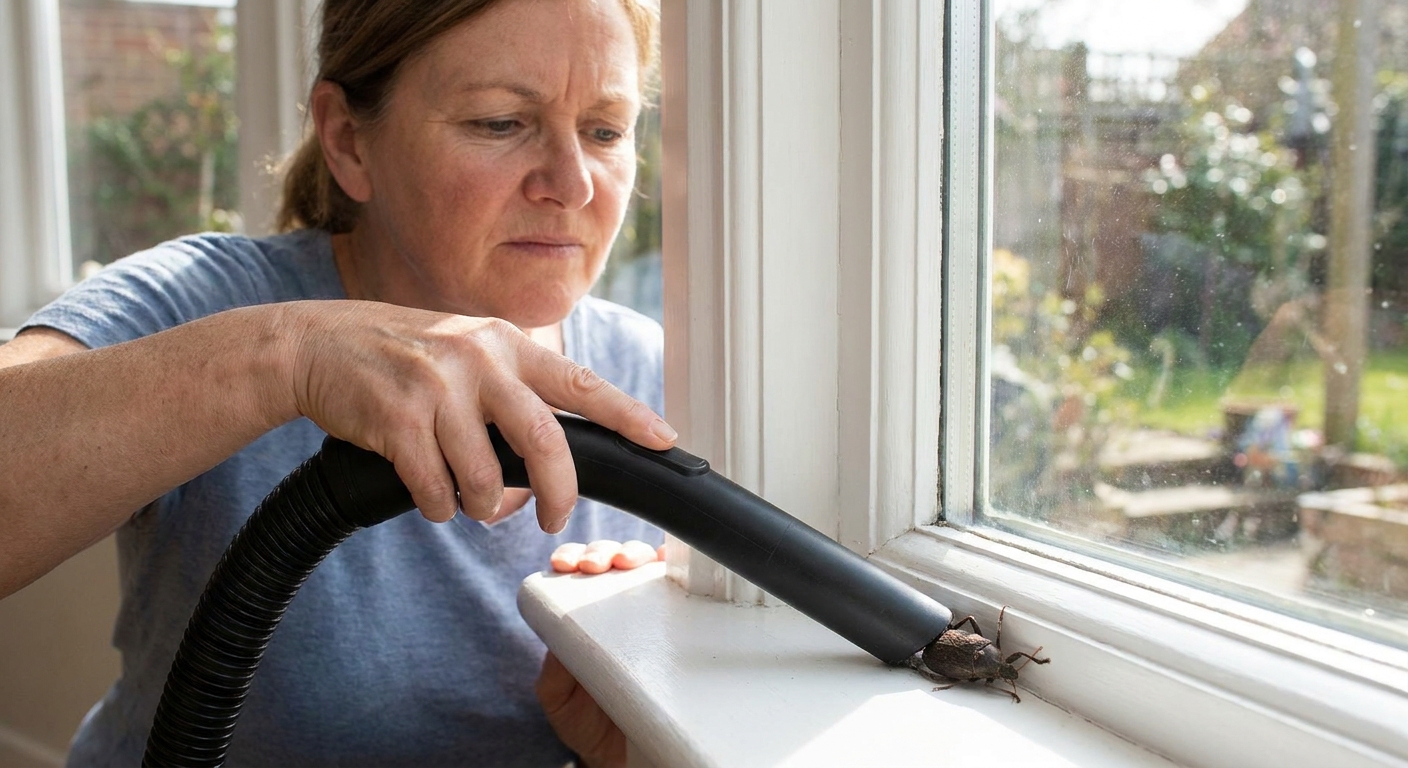 A homeowner using a vacuum hose attachment to remove a large brown seed bug from a window sill
