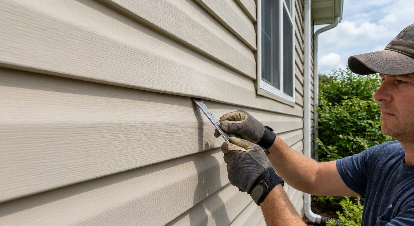 A homeowner using a vinyl siding zip tool to unlock a siding panel seam on a house exterior in daylight, real photo
