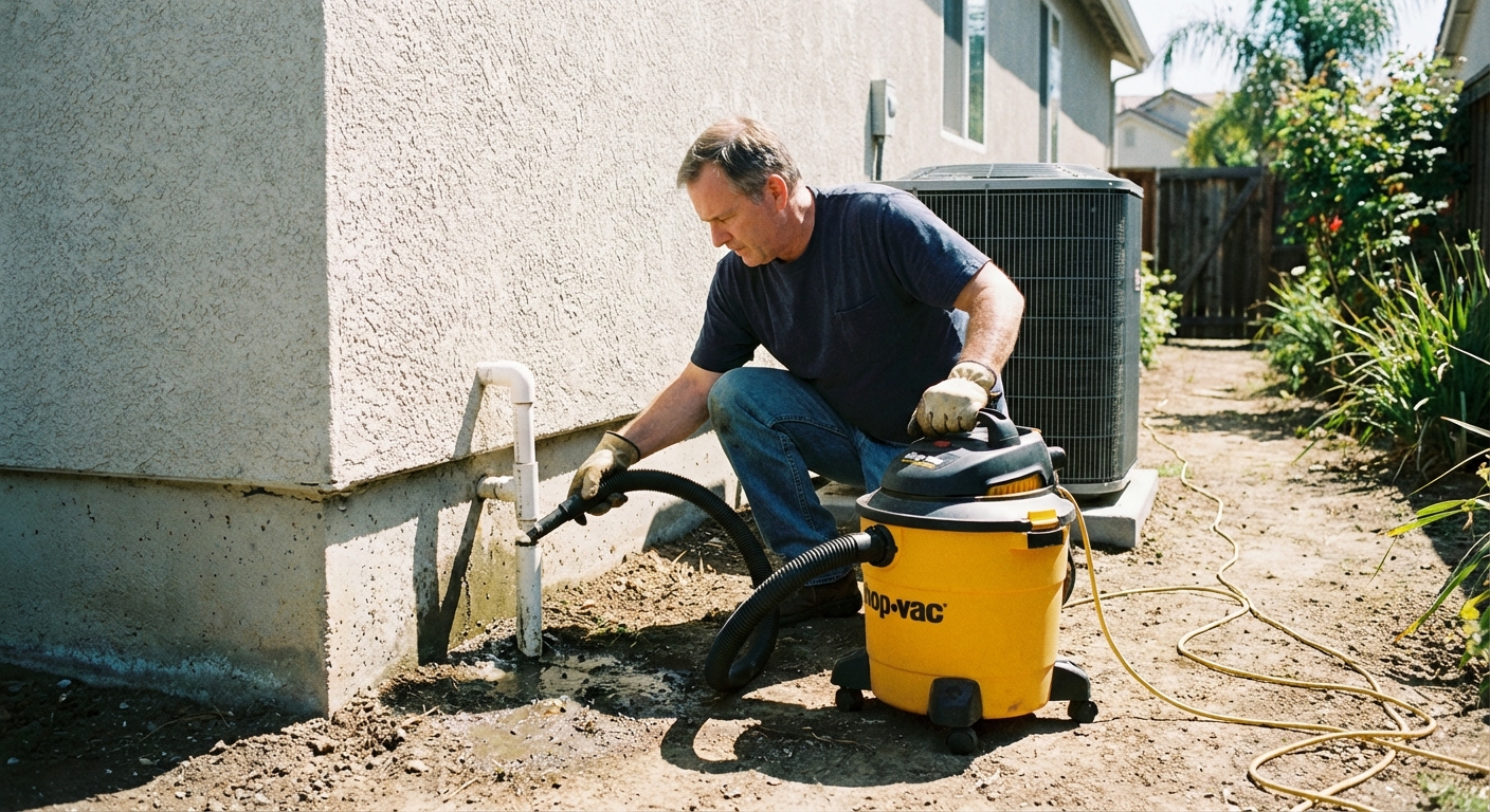 A homeowner using a wet dry vacuum outside to suction a PVC AC condensate drain line next to a house foundation, natural daylight, real-life photo