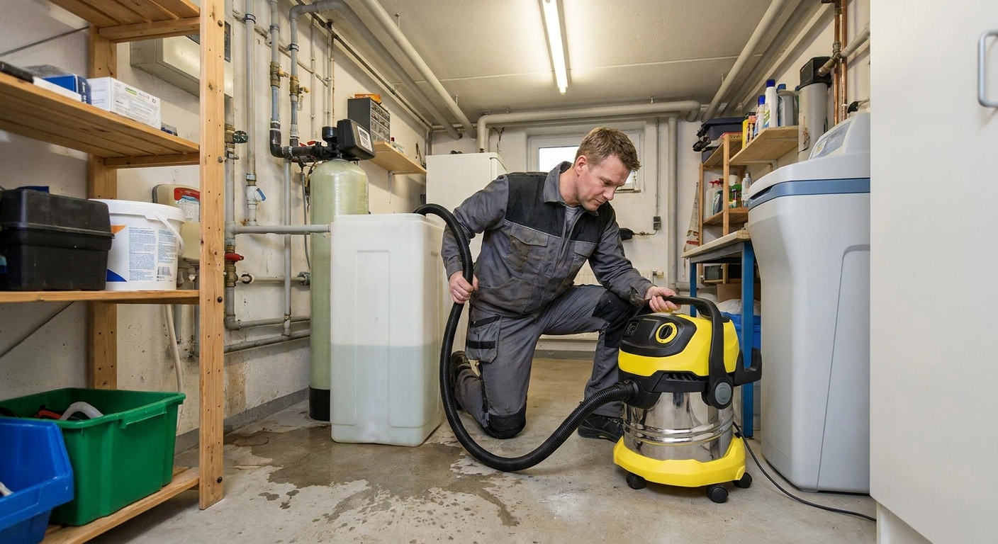A homeowner using a wet dry vacuum to remove excess water from a water softener brine tank in a utility room