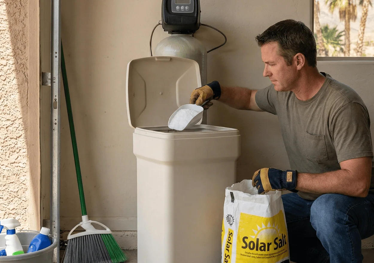A homeowner using a wooden broom handle to gently probe the salt inside an open water softener brine tank in a garage utility corner