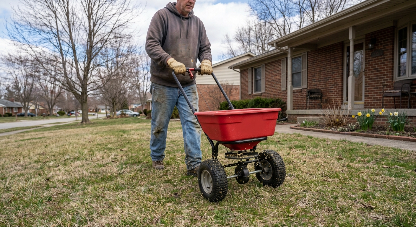 A homeowner walking a broadcast spreader across a suburban front lawn in early spring, applying granular pre-emergent, real photo