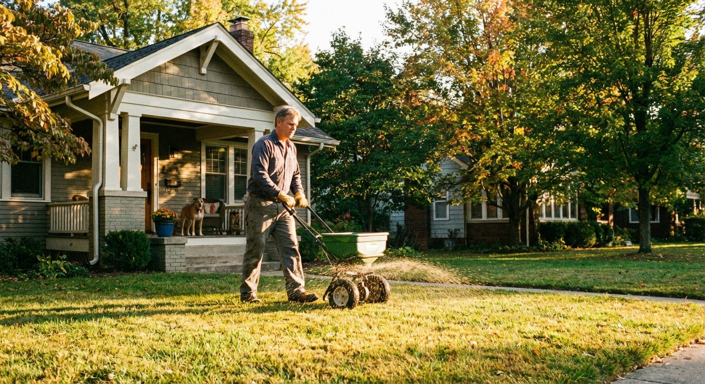 A homeowner walking across a suburban front lawn using a broadcast spreader, applying granular fertilizer in early fall light, photorealistic outdoor photography