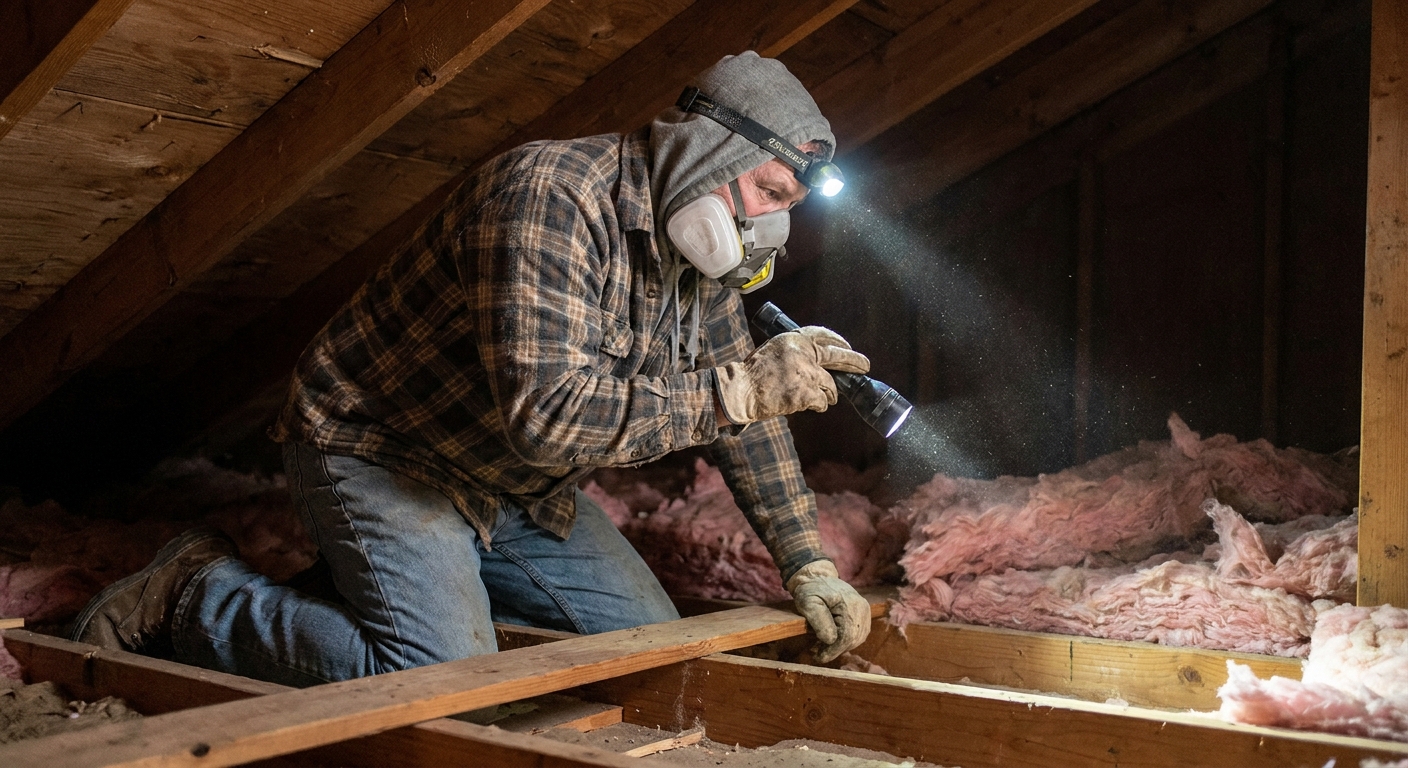 A homeowner wearing a respirator and headlamp kneeling on attic joists while shining a flashlight along insulation, real photo
