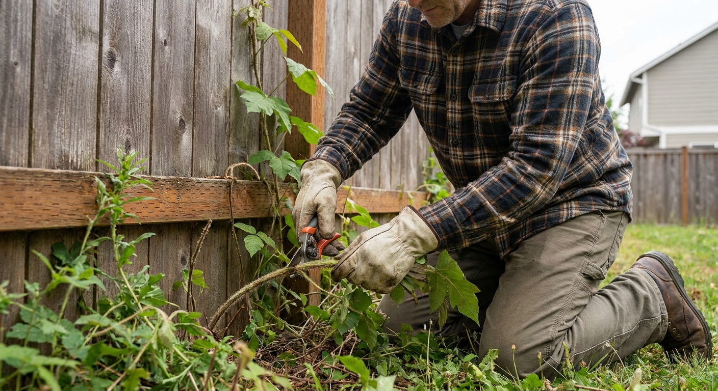A homeowner wearing gloves and long sleeves carefully cutting a poison ivy vine at the base near a wooden fence in a residential backyard, real photo style