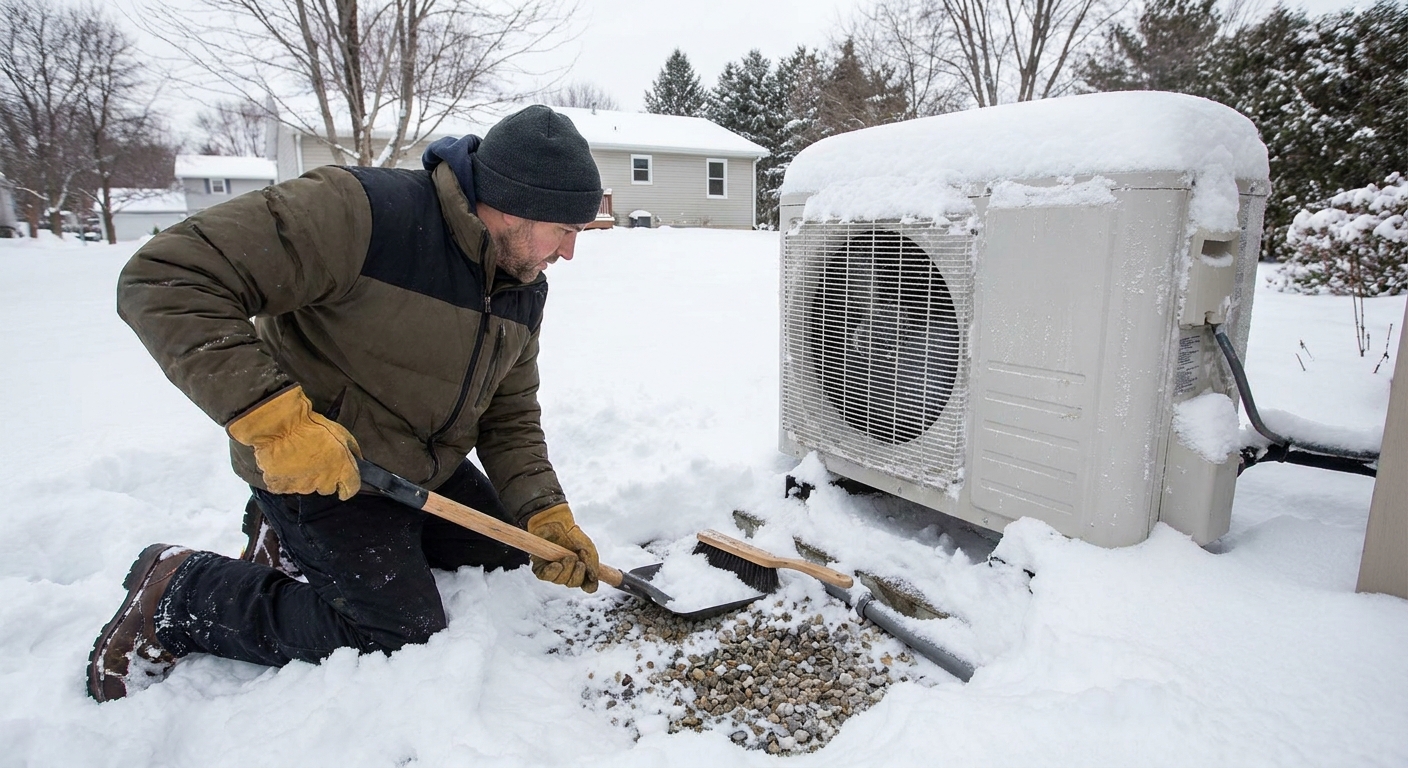 A homeowner wearing gloves clearing snow away from the base of a heat pump outdoor unit to improve airflow and drainage