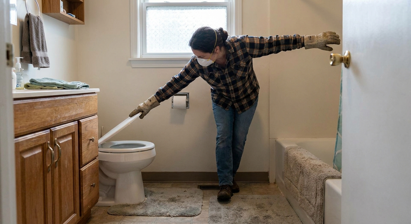 A homeowner wearing gloves gently lowering a toilet lid in a residential bathroom while keeping distance, realistic documentary-style photo