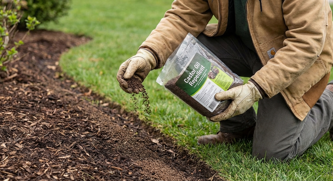 A homeowner wearing gloves sprinkling castor oil-based granules along the edge of a garden bed next to grass, realistic outdoor photo