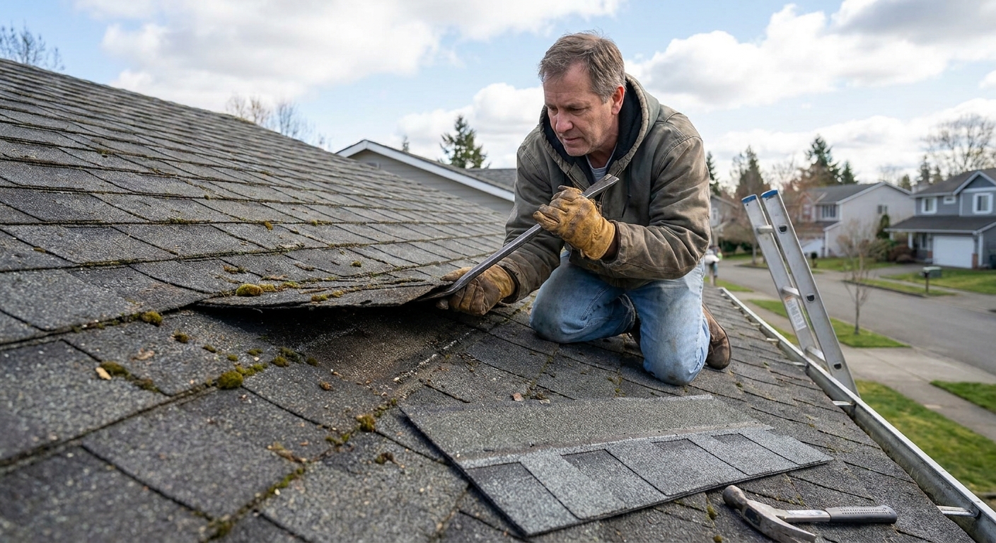 A homeowner wearing gloves uses a flat pry bar to lift asphalt shingles on a residential roof while preparing to replace a missing shingle, real outdoor photo