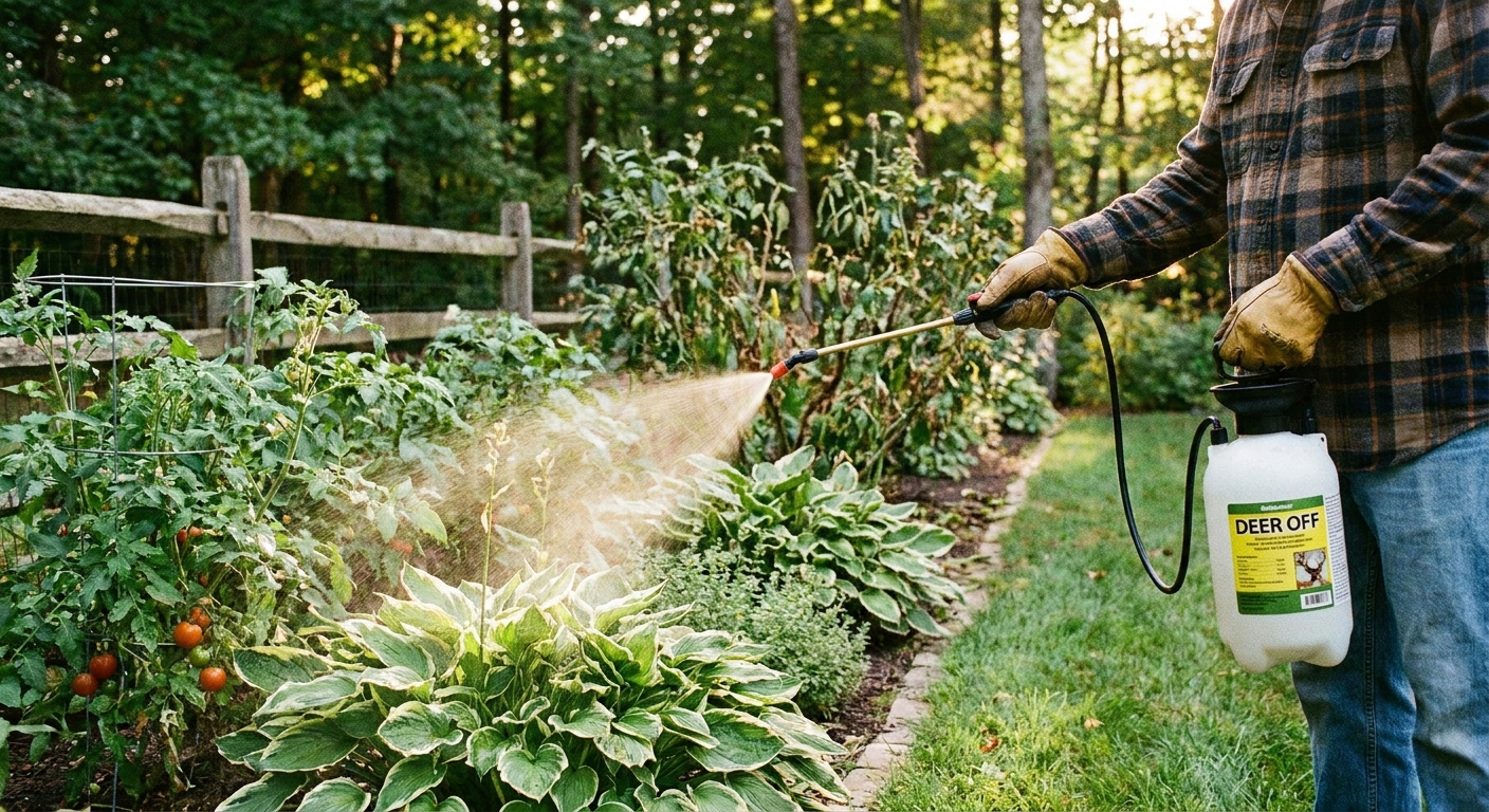 A homeowner wearing gloves using a hand pump sprayer to apply deer repellent along the edge of a backyard garden