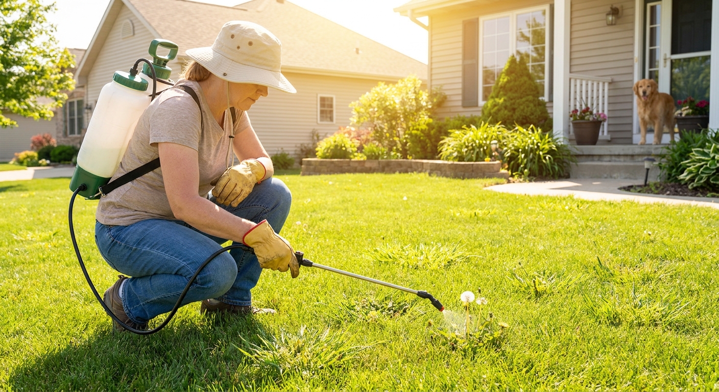 A homeowner wearing gloves using a pump sprayer to spot treat weeds in a sunny residential lawn