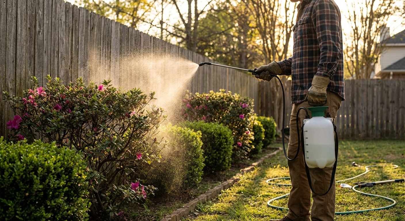 A homeowner wearing long sleeves and gloves using a pump sprayer to apply a fine mist to shrubs along a backyard fence, early evening light, photorealistic