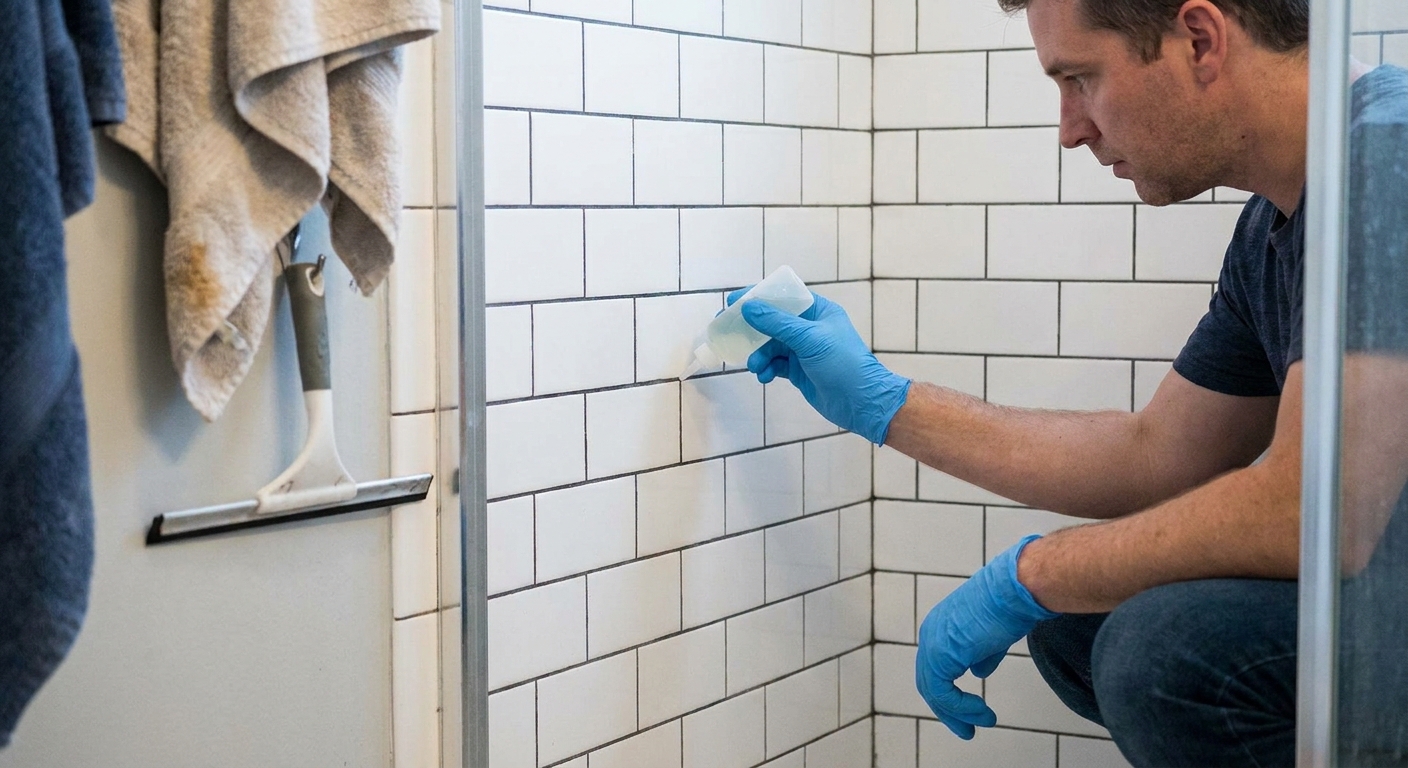 A homeowner wearing nitrile gloves applying grout sealer along shower wall grout lines with a small applicator bottle, real bathroom photo