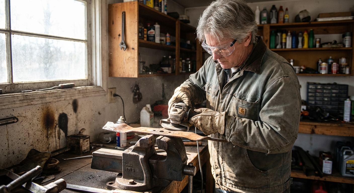 A homeowner wearing safety glasses and work gloves sharpening a lawn mower blade clamped in a bench vise inside a garage workshop, natural light, realistic photo