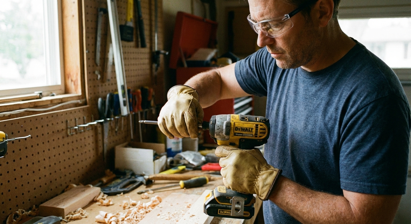 A homeowner wearing safety glasses while changing a 1/4-inch hex driver bit in a cordless impact driver in a garage workspace