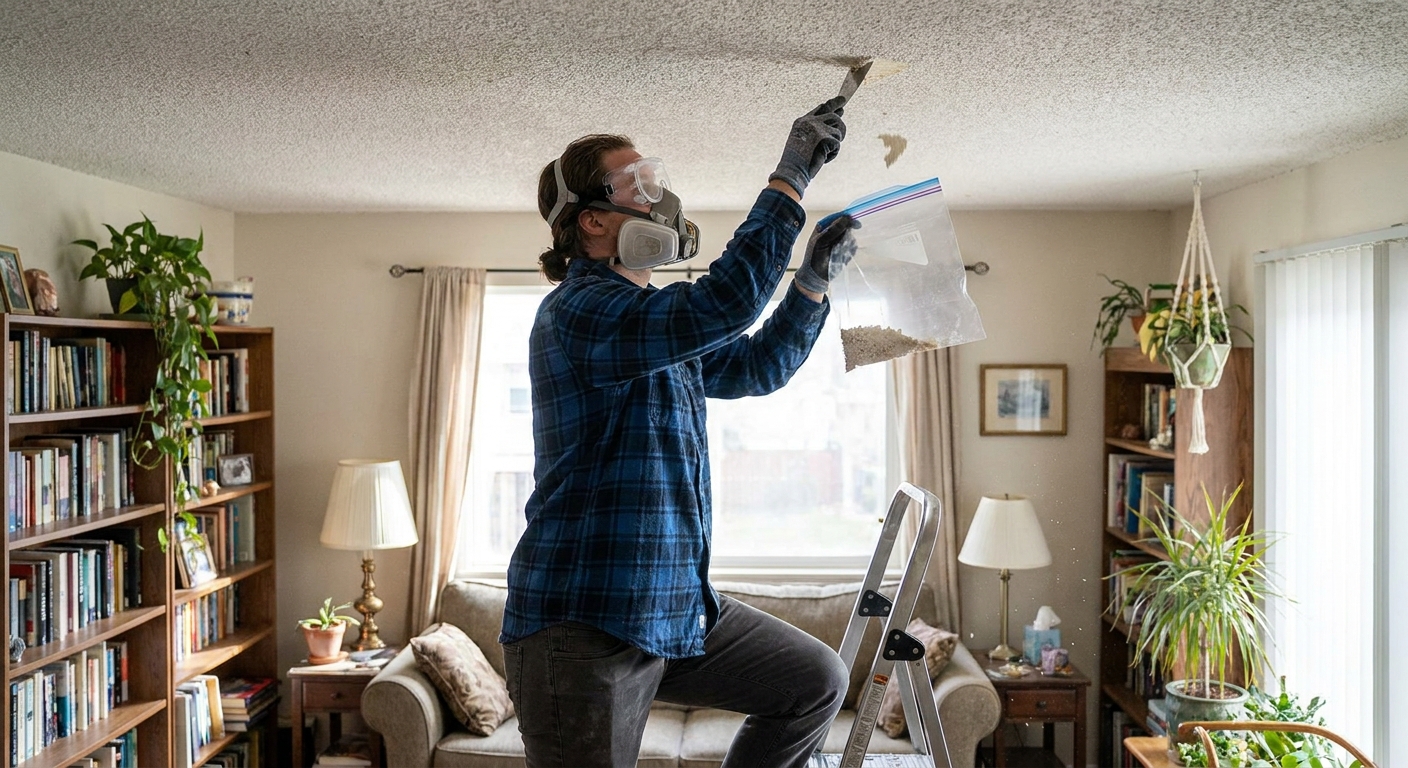 A homeowner wearing safety goggles and a respirator carefully collecting a small ceiling texture sample into a sealable plastic bag in a lived-in room, realistic photo
