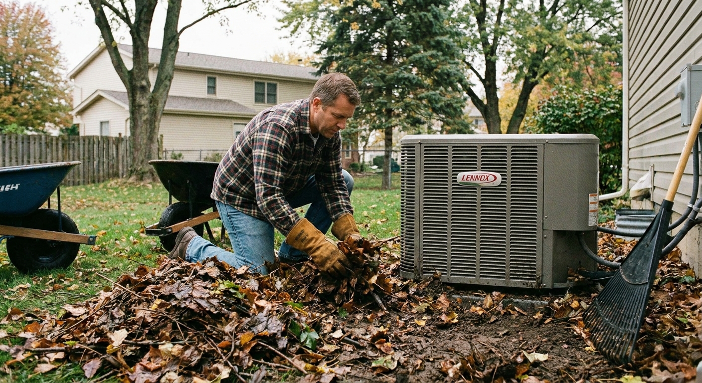 A homeowner wearing work gloves clearing leaves and debris from around a heat pump outdoor unit in a suburban yard, real photograph
