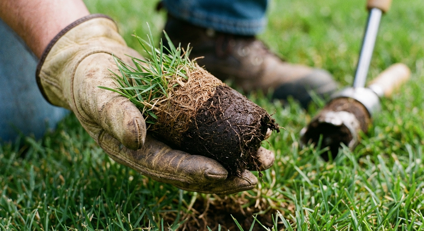 A homeowner wearing work gloves holding a small plug of grass and soil over a lawn, showing the distinct brown thatch layer between the grass and the dark soil, shallow depth of field