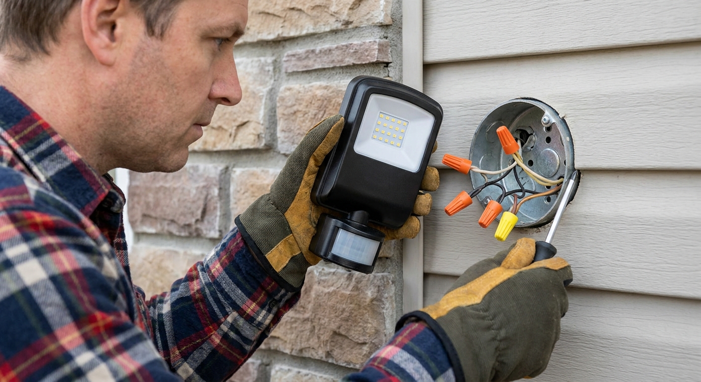 A homeowner wearing work gloves holding an outdoor light fixture away from the wall while inspecting wire nut connections inside a round exterior electrical box