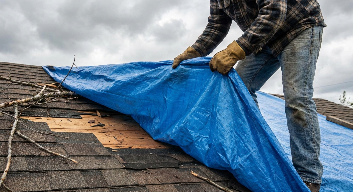 A homeowner wearing work gloves positioning a large blue tarp over a storm-damaged asphalt shingle roof on a cloudy day, real photography style