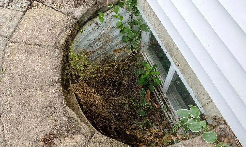 A homeowner wearing work gloves removing wet leaves and mulch from a metal window well with a small shovel, real photo