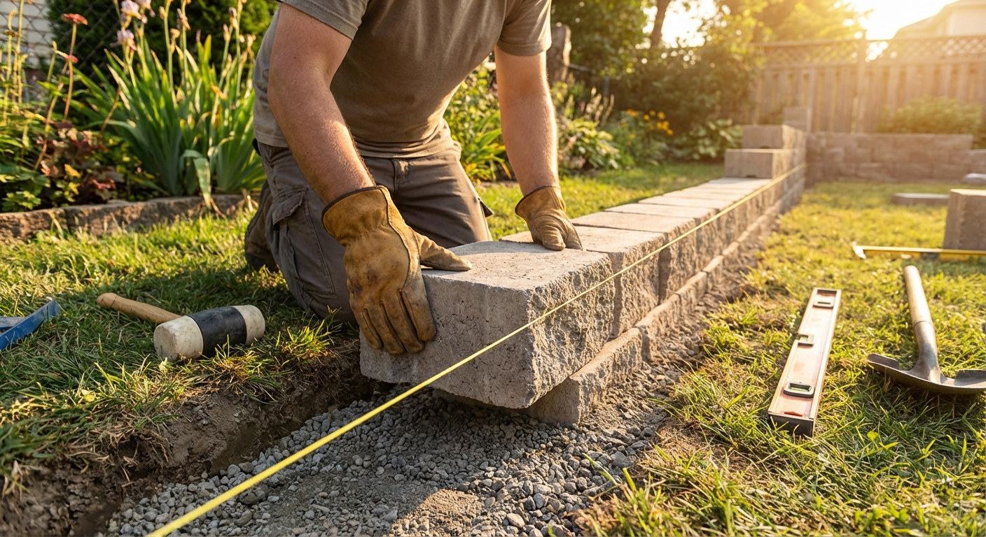 A homeowner wearing work gloves sets an interlocking concrete retaining wall block onto a gravel base trench in a backyard, with a string line stretched along the wall for alignment, late afternoon natural light, realistic photo