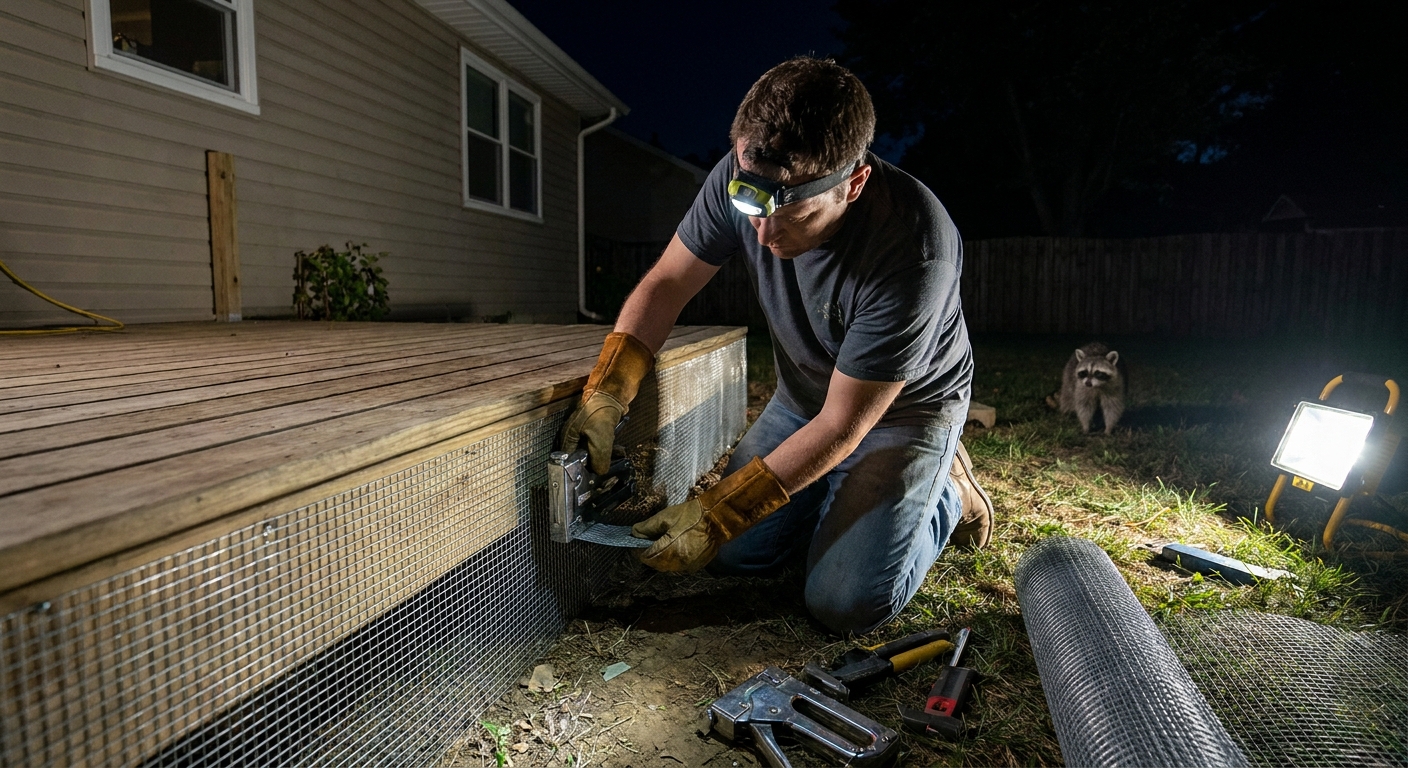 A homeowner wearing work gloves stapling galvanized hardware cloth along the bottom edge of a wooden deck to block animal entry, nighttime wildlife prevention project