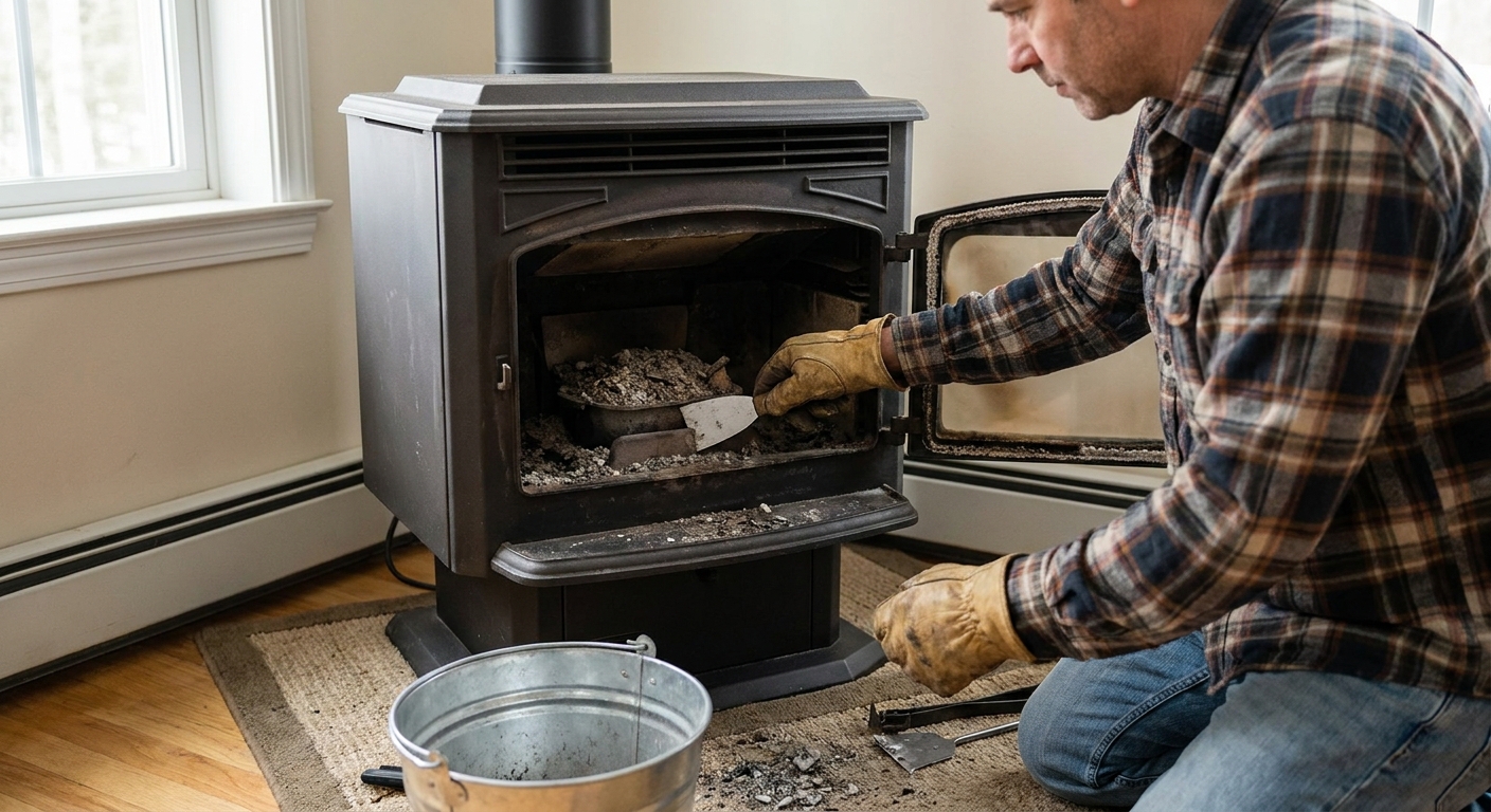 A homeowner wearing work gloves using a small metal scraper to clean a pellet stove burn pot inside an open firebox, real indoor photo