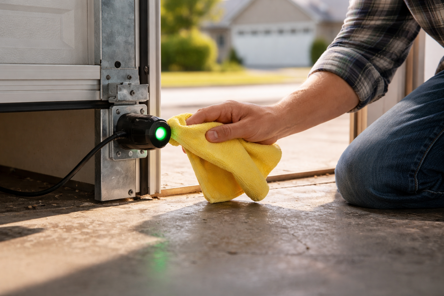 A homeowner wiping a garage door safety sensor lens with a microfiber cloth near the bottom of the door track