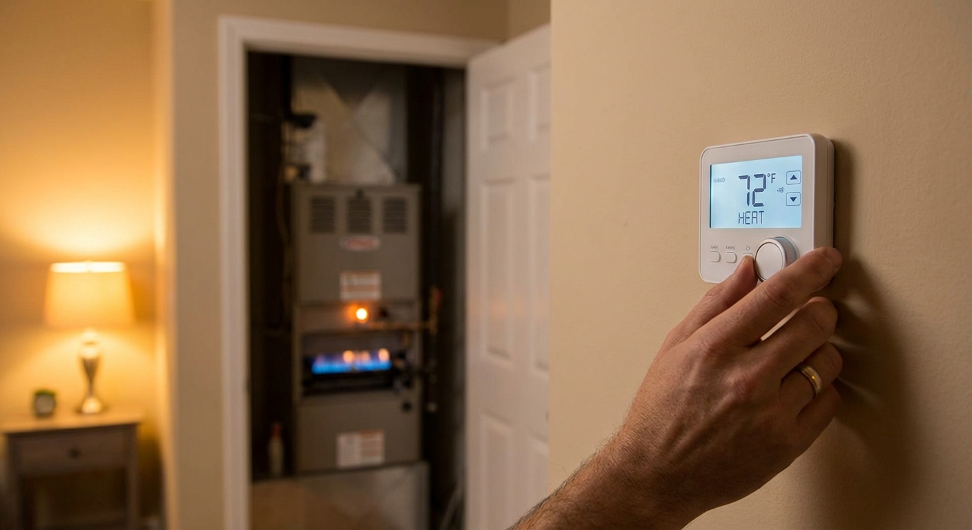 A homeowner’s hand adjusting a digital thermostat on a hallway wall while a gas furnace runs in the background with a warm, indoor evening lighting, realistic home photo