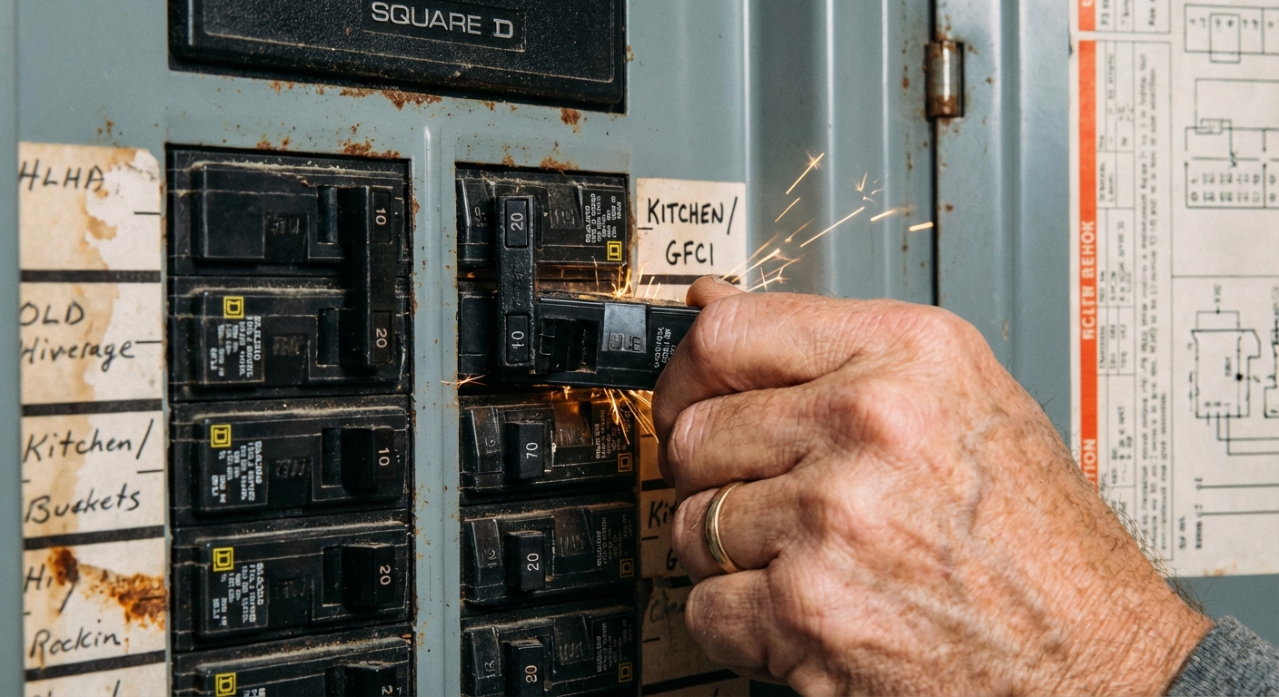 A homeowner’s hand flipping a labeled circuit breaker in a residential electrical panel, close-up, photorealistic
