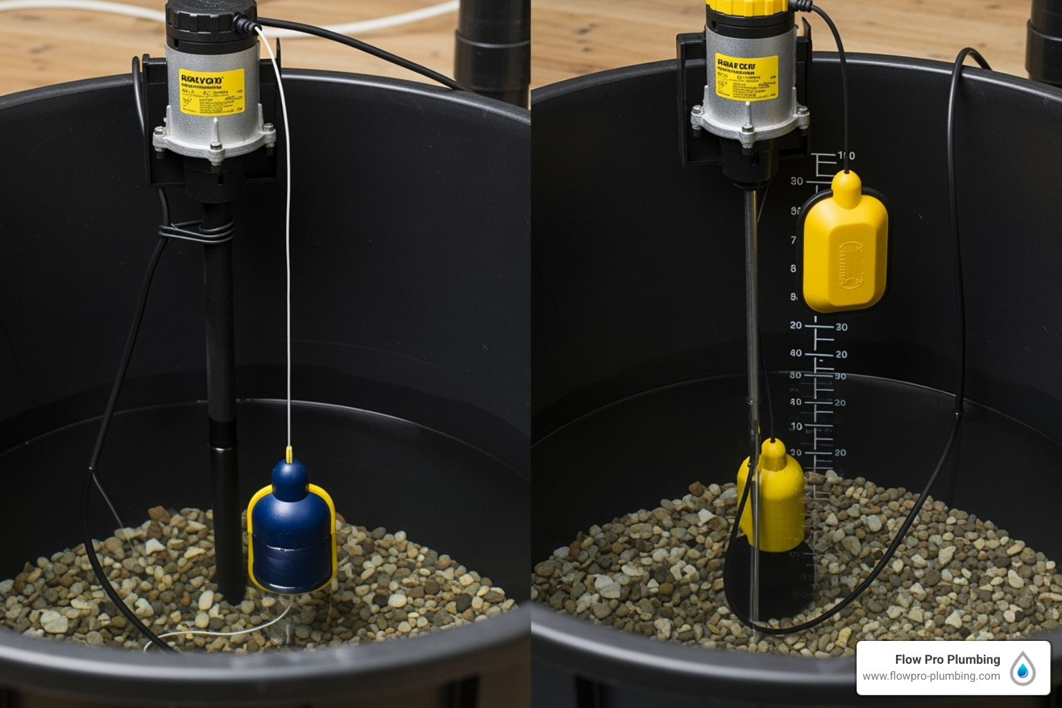 A homeowner’s hand lifting a sump pump float switch inside an open sump pit, real basement utility photo