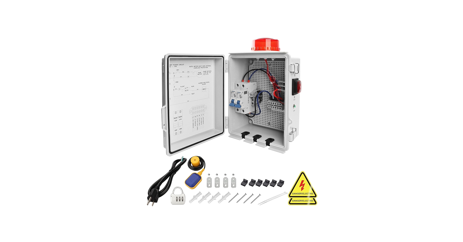 A homeowner’s hand pointing at a labeled breaker switch inside a residential electrical panel, showing the septic pump circuit, real indoor photograph