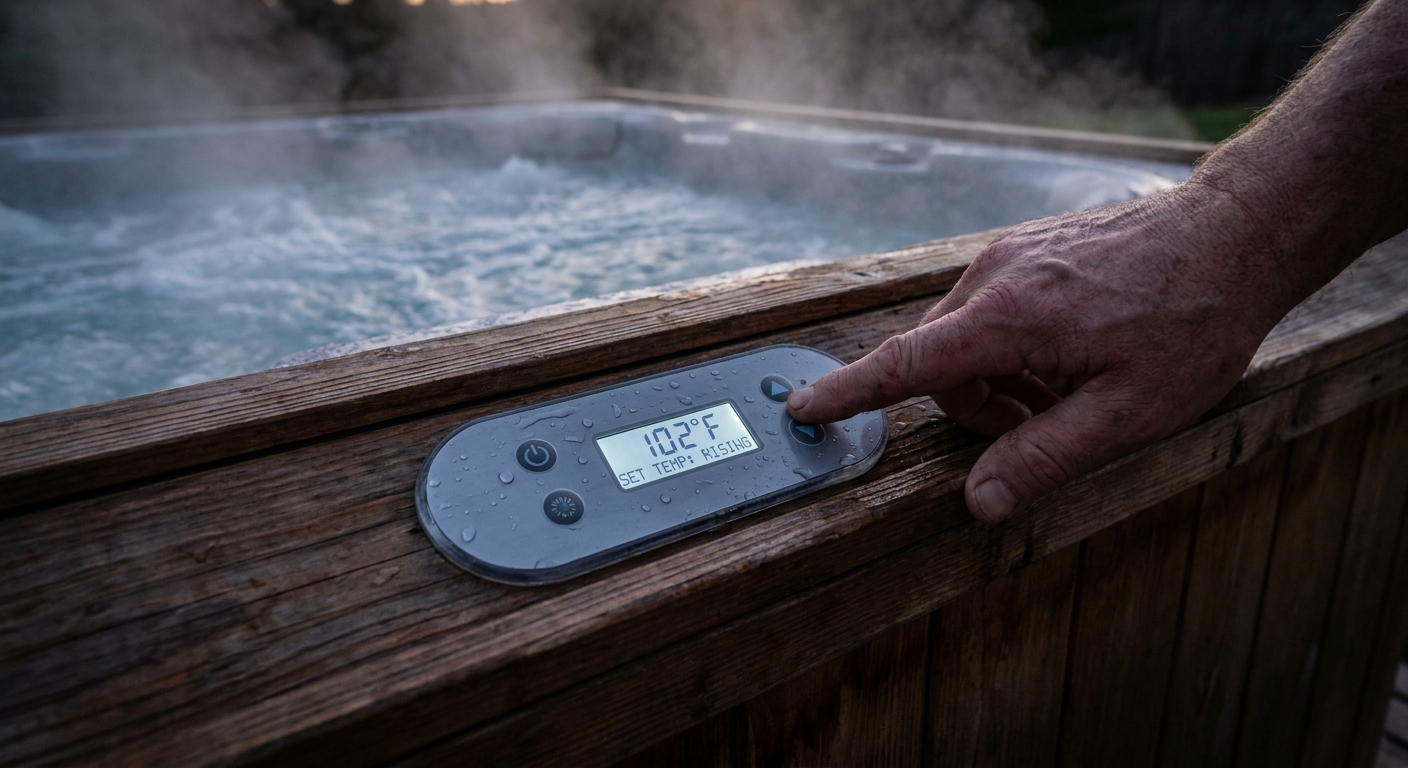 A homeowner’s hand pressing the up button on a hot tub topside control to raise the set temperature