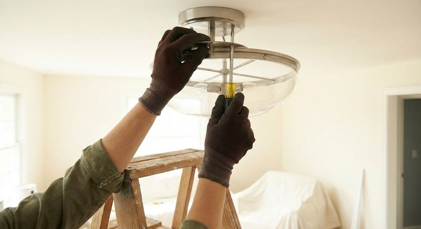 A homeowner's hands tightening canopy screws on a modern ceiling light fixture while standing on a step ladder, close-up view of the ceiling and fixture, photorealistic interior scene