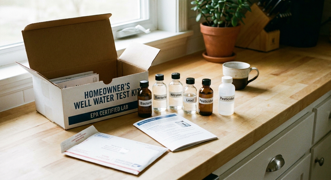 A homeowner’s well water test kit with sample bottles and instructions laid out on a clean kitchen counter under natural daylight, real photo