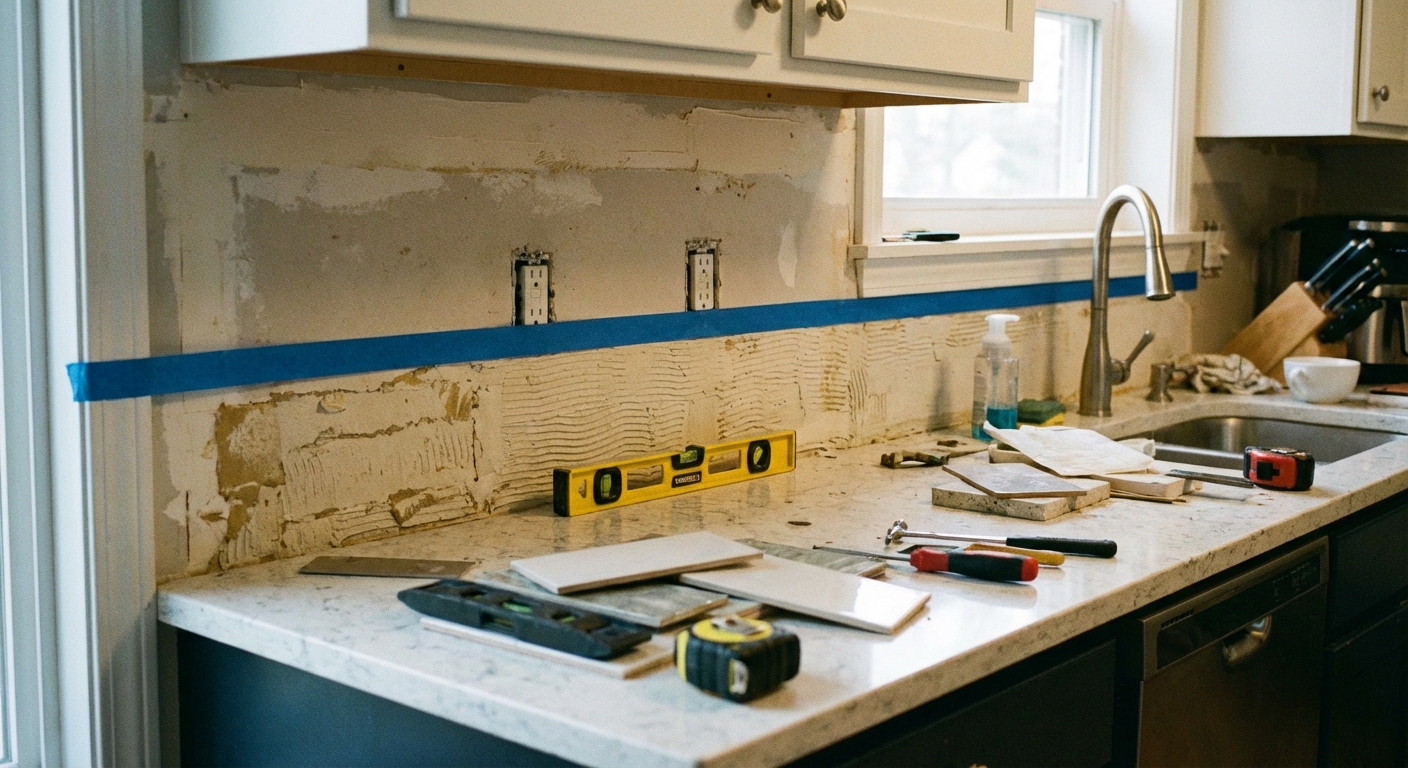 A kitchen backsplash area with painter’s tape used to mark a level guideline above the countertop, a small level resting on the counter, real home photo style