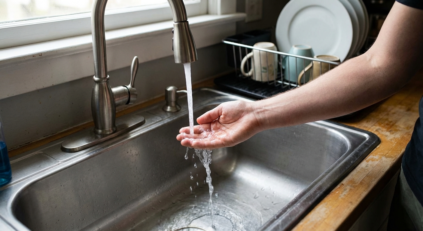 A kitchen faucet running into a stainless steel sink with a person holding their hand under the stream, waiting for it to warm up, natural indoor lighting, realistic home photo