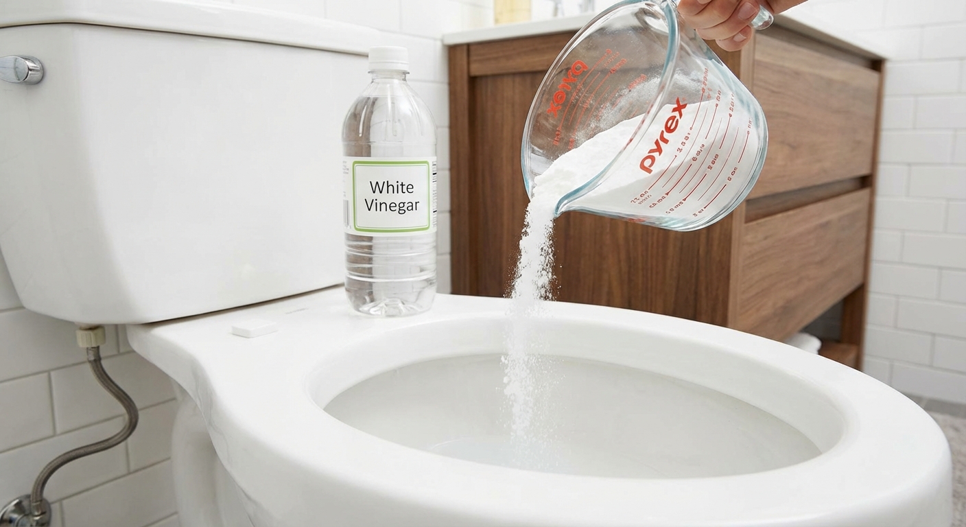 A kitchen measuring cup pouring baking soda into a toilet bowl while a bottle of white vinegar sits on the toilet tank lid, clean bathroom scene, photorealistic
