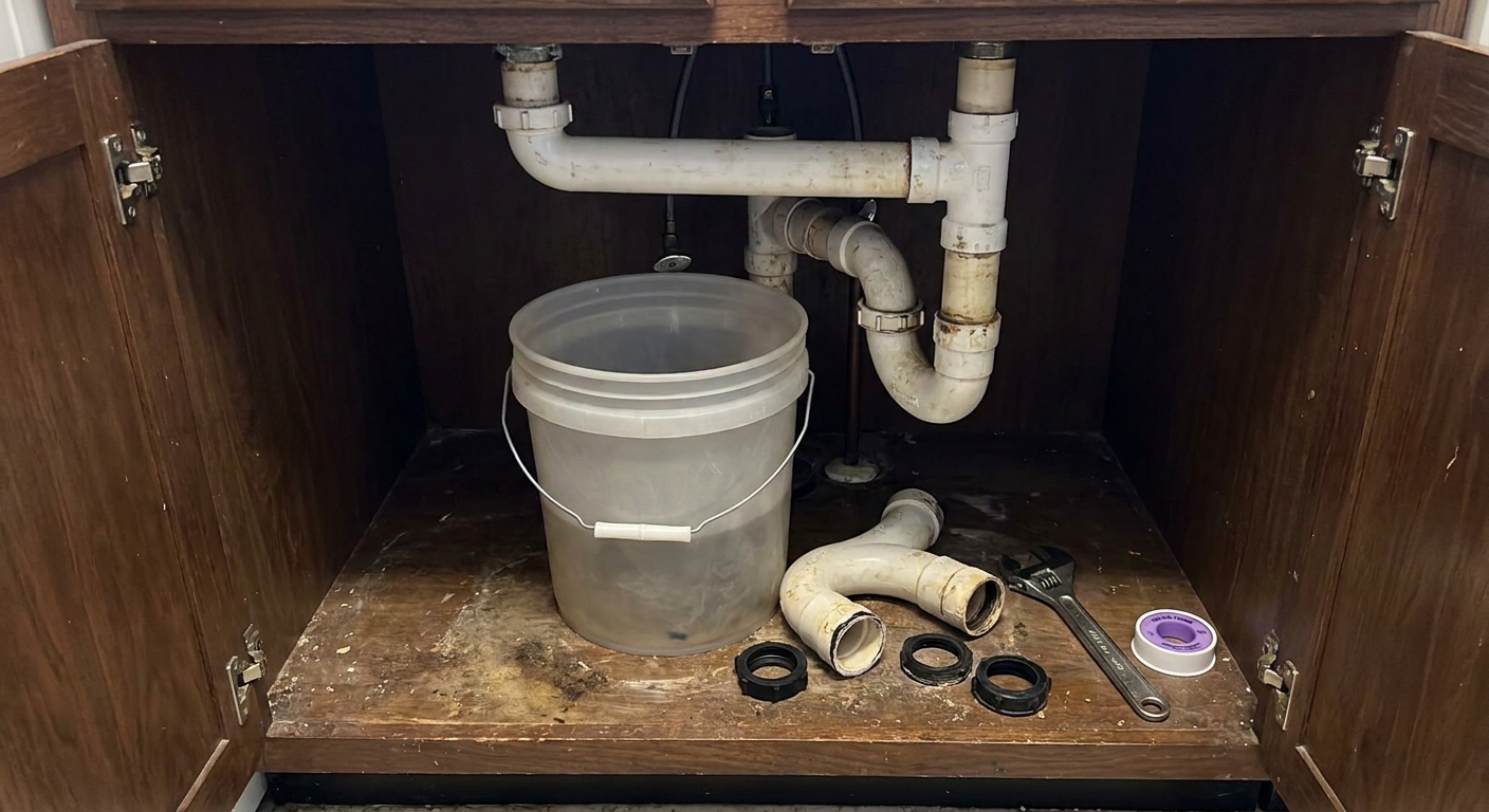 A kitchen sink cabinet with a bucket underneath and the P-trap disconnected, showing real plumbing pipes and slip nuts