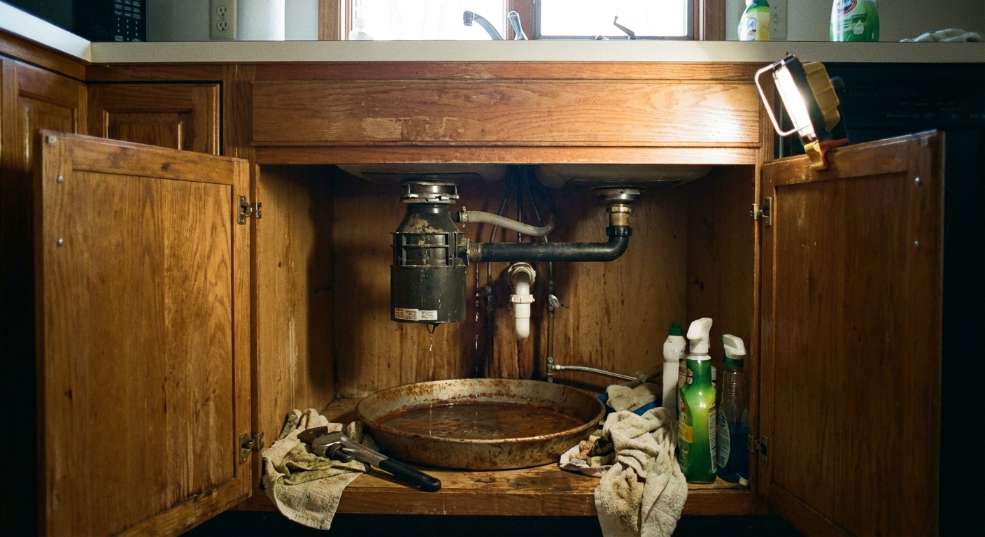 A kitchen sink cabinet with the doors open showing a garbage disposal under the sink with a small drip of water falling into a shallow pan, realistic home repair photo